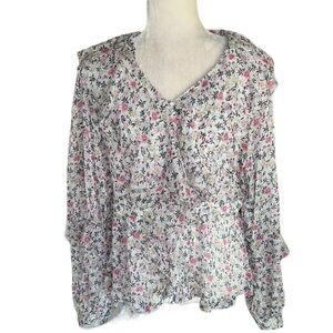 Anthropologie Easel Light Blue Floral Ruffle Collar Peplum Blouse - L